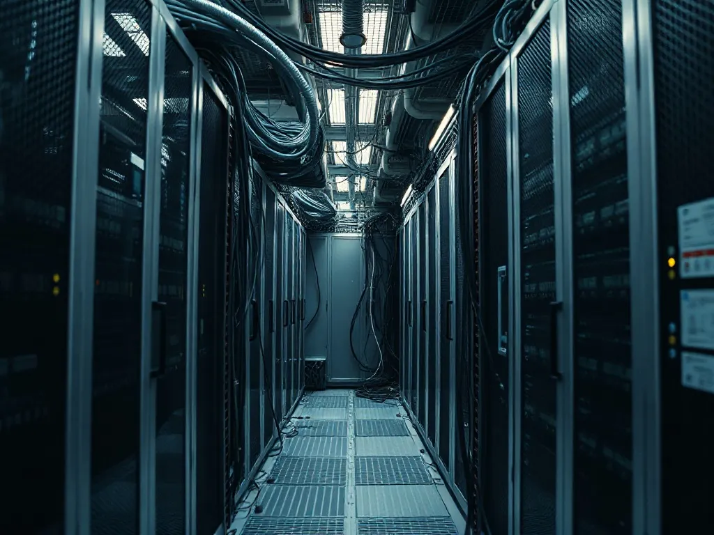 Industrial server room with heavy wiring and cooling fans, m